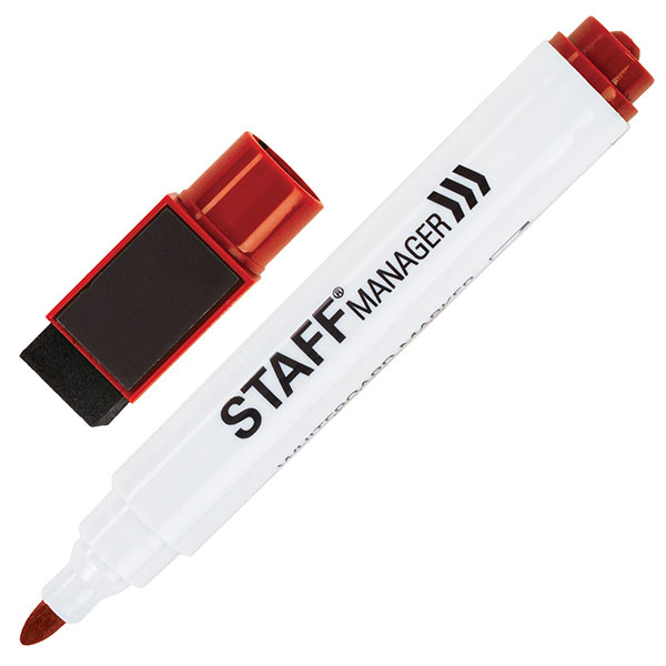 Маркер для белых досок круглый, толщина линии письма 3 мм, STAFF, "Manager", цвет чернил красный, на магните со стирателем, Китай