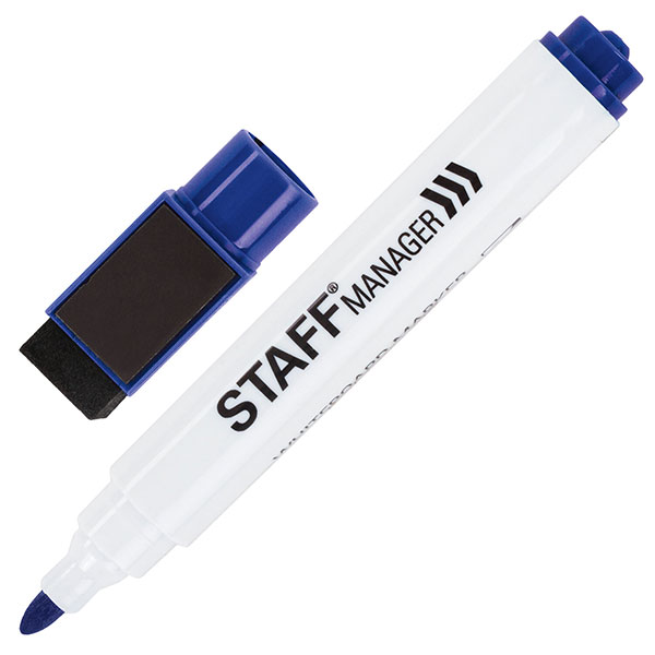 Маркер для белых досок круглый, толщина линии письма 3 мм, STAFF, "Manager", цвет чернил синий, на магните со стирателем, Китай