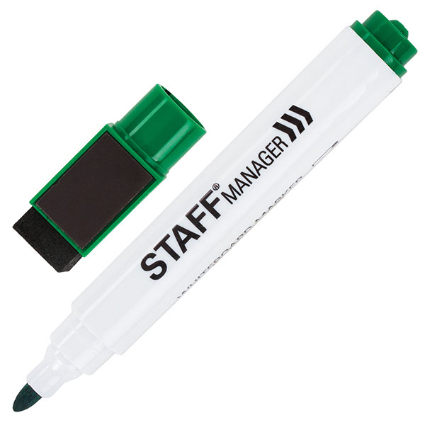 Маркер для белых досок круглый, толщина линии письма 3 мм, STAFF, "Manager", цвет чернил зеленый, на магните со стирателем, Китай