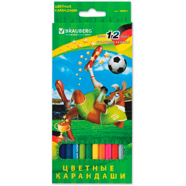 Карандаши цветные BRAUBERG, "Football match", 12 цв., комплект 12 шт., заточенные, Китай