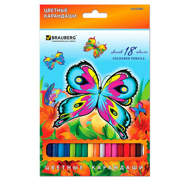 Карандаши цветные BRAUBERG, "Wonderful butterfly", 18 цв., комплект 18 шт., заточенные, Китай
