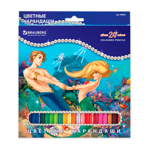 Карандаши цветные BRAUBERG, "Морские легенды", 24 цв., комплект 24 шт., заточенные, Китай