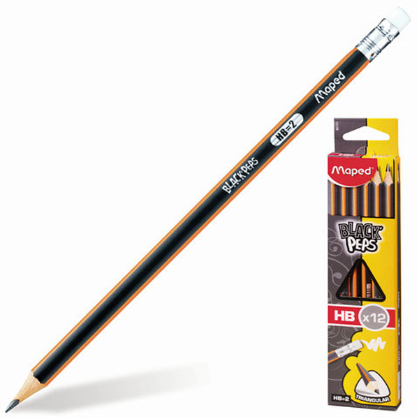 Набор простых карандашей Maped, "BLACK PEP'S", в упаковке 12 шт., наличие ластика, заточенный, HB, трехгранный, Китай