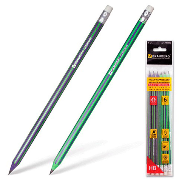 Набор простых карандашей BRAUBERG, "Aviator", в упаковке  6 шт., наличие ластика, заточенный, HB, шестигранный, Китай