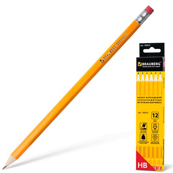 Набор простых карандашей BRAUBERG, в упаковке 12 шт., наличие ластика, заточенный, HB, шестигранный, Китай