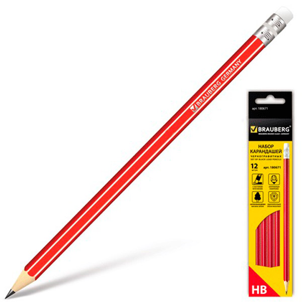 Набор простых карандашей BRAUBERG, "ZTX", в упаковке 12 шт., наличие ластика, заточенный, HB, Китай