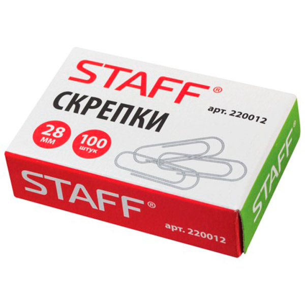 Скрепки 28 мм, STAFF, форма овальная, цвет серебристый, комплект 100 шт., Россия