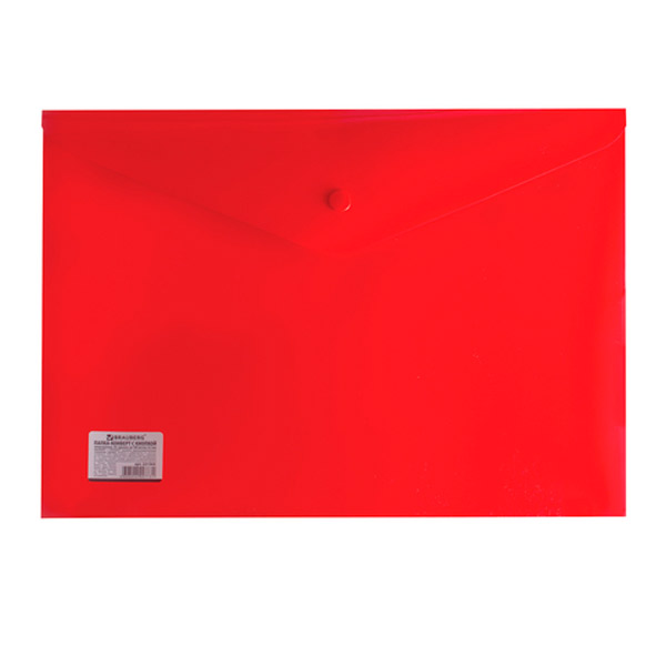 Папка-конверт с кнопкой A4, непрозрачный пластик, цвет красный, плотность 200 мкм, BRAUBERG, Китай