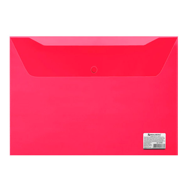 Папка-конверт с кнопкой A4, прозрачный тонированный пластик, цвет красный, плотность 150 мкм, BRAUBERG, Россия