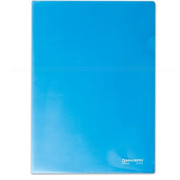 Папка-уголок A4, BRAUBERG, пл. 150 мкм, прозрачная тонированная, цвет синий, отделений 1, вырез для извлечения бумаг, Россия