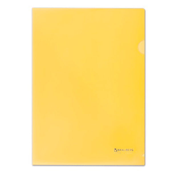Папка-уголок A4, BRAUBERG, пл. 150 мкм, прозрачная тонированная, цвет желтый, отделений 1, вырез для извлечения бумаг, фактура гладкая, Россия