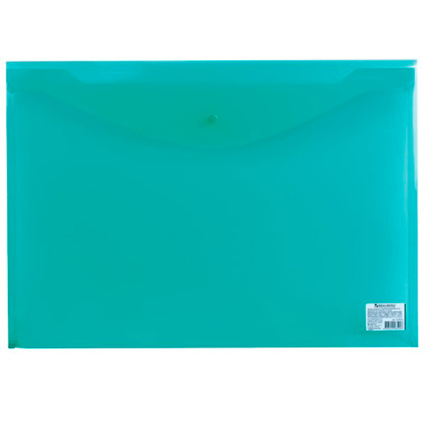 Папка-конверт с кнопкой A3, прозрачный тонированный пластик, цвет зеленый, плотность 180 мкм, BRAUBERG, Россия