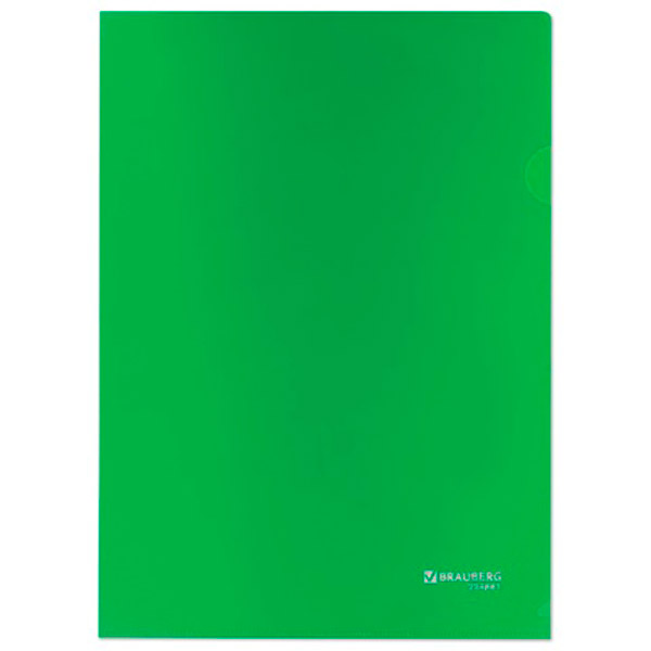 Папка-уголок A4, BRAUBERG, пл. 150 мкм, непрозрачная, цвет зеленый, отделений 1, вырез для извлечения бумаг, Россия