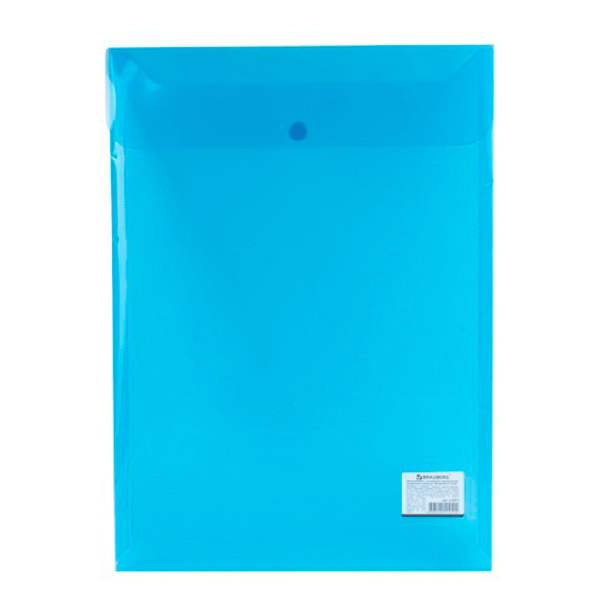 Папка-конверт с кнопкой A4, прозрачный тонированный пластик, цвет синий, плотность 150 мкм, BRAUBERG, Россия