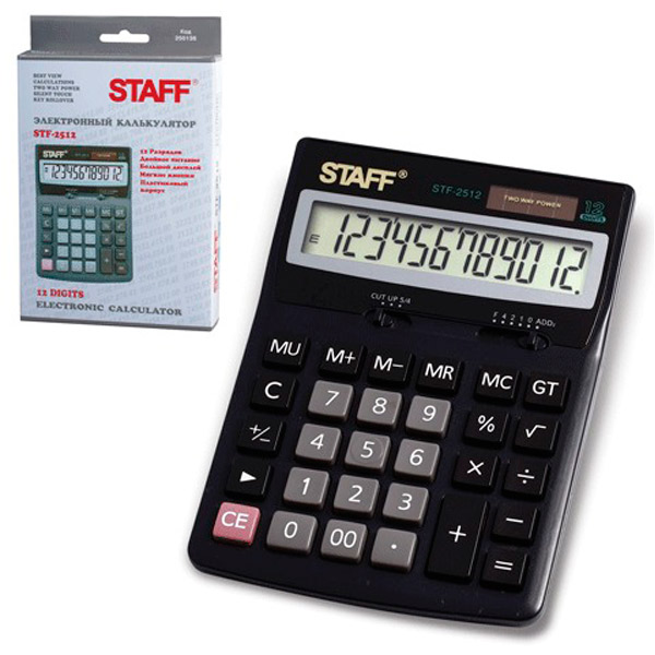 Калькулятор настольный STAFF, STF-2512, 12 разрядов, двойное питание, 170х125 мм, цвет черный, Китай