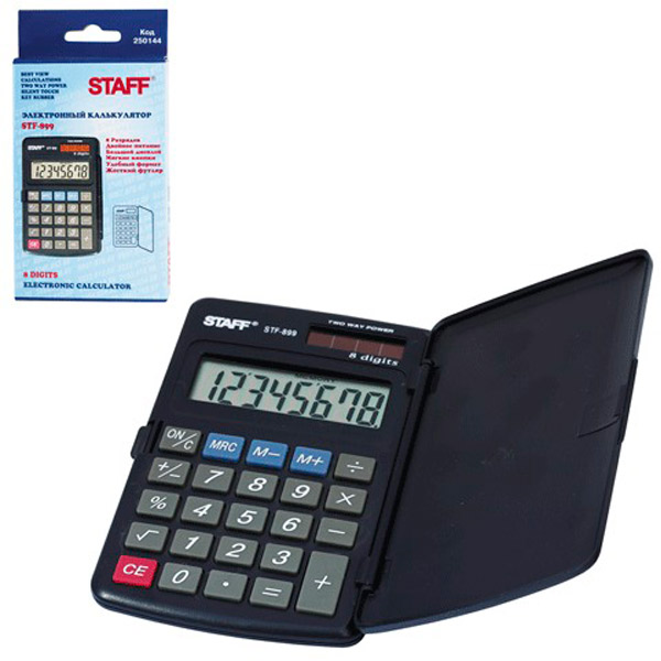 Калькулятор карманный STAFF, STF-899, 8 разрядов, двойное питание, цвет черный, Китай