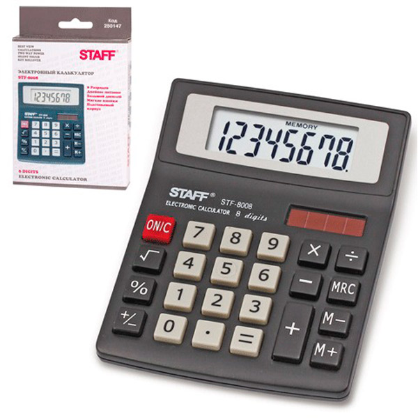 Калькулятор настольный STAFF, STF-8008, 8 разрядов, двойное питание, 113х87 мм, цвет черный, Китай