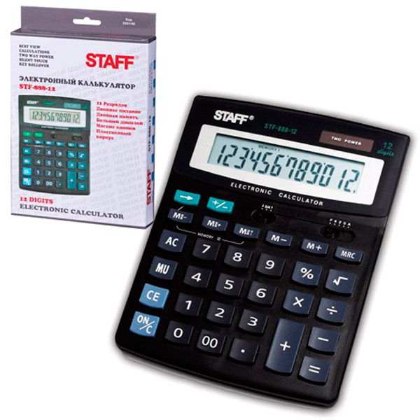 Калькулятор настольный STAFF, STF-888-12, 12 разрядов, двойное питание, 200х150 мм, цвет черный, Китай