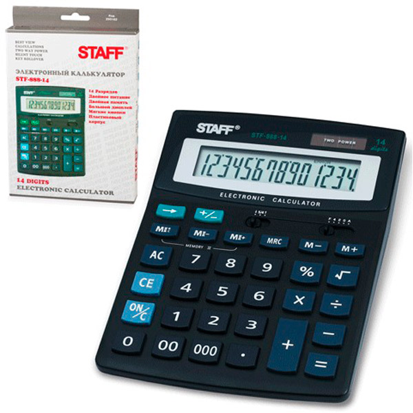 Калькулятор настольный STAFF, STF-888-14, 14 разрядов, двойное питание, 200х150 мм, цвет черный, Китай