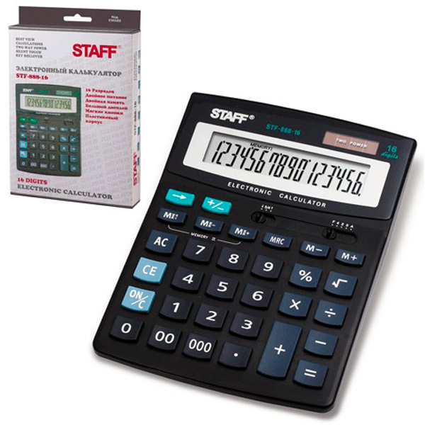 Калькулятор настольный STAFF, STF-888-16, 16 разрядов, двойное питание, 200х150 мм, цвет черный, Китай