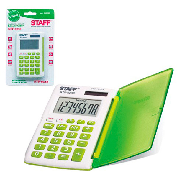 Калькулятор карманный STAFF, STF-6238, 8 разрядов, двойное питание, цвет зеленый, Китай