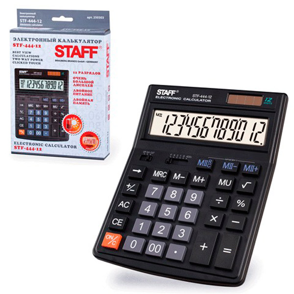 Калькулятор настольный STAFF, STF-444-12, 12 разрядов, двойное питание, 199x153 мм, цвет черный, Китай