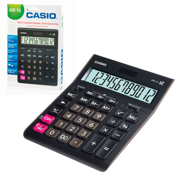 Калькулятор настольный Casio, GR-12-W-EP, 12 разрядов, двойное питание, 209х155 мм, цвет черный, Филиппины