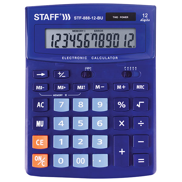 Калькулятор наст. 12 разр., STAFF STF-888-12-BU, расчет наценки, двойное питание, две памяти, 200х150мм, СИНИЙ