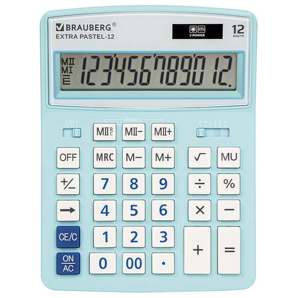Калькулятор настольный BRAUBERG, EXTRA PASTEL-12-LB, 12 разрядов, двойное питание, 206*155 мм, цвет голубой, Китай