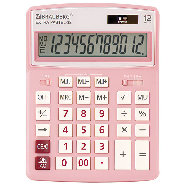 Калькулятор настольный BRAUBERG, EXTRA PASTEL-12-PK, 12 разрядов, двойное питание, 206*155 мм, цвет розовый, Китай