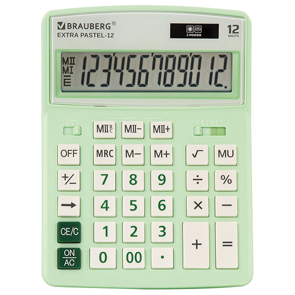 Калькулятор настольный BRAUBERG, EXTRA PASTEL-12-LG, 12 разрядов, двойное питание, 206*155 мм, цвет мятный, Китай