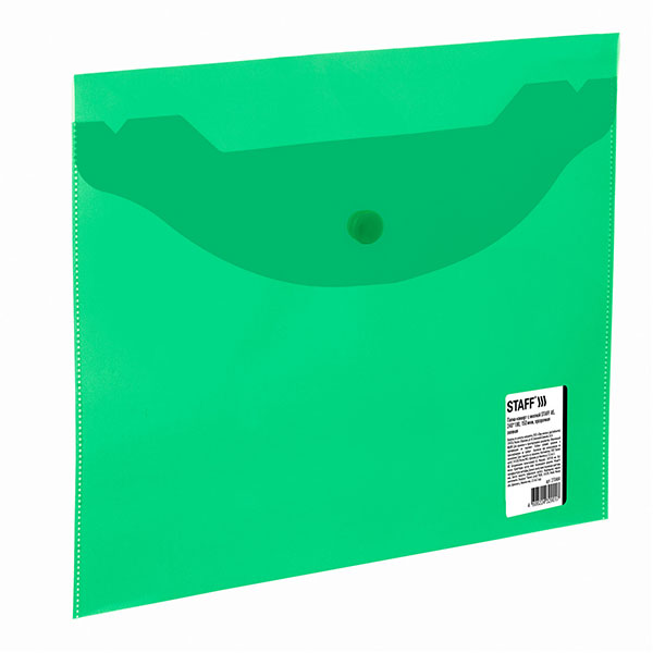 Папка-конверт с кнопкой A5, прозрачный пластик, цвет зеленый, плотность 150 мкм, STAFF, Россия