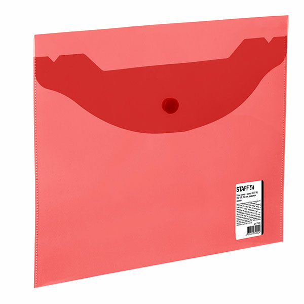 Папка-конверт с кнопкой A5, прозрачный пластик, цвет красный, плотность 150 мкм, STAFF, Россия