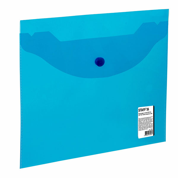 Папка-конверт с кнопкой A5, прозрачный пластик, цвет синий, плотность 150 мкм, STAFF, Россия