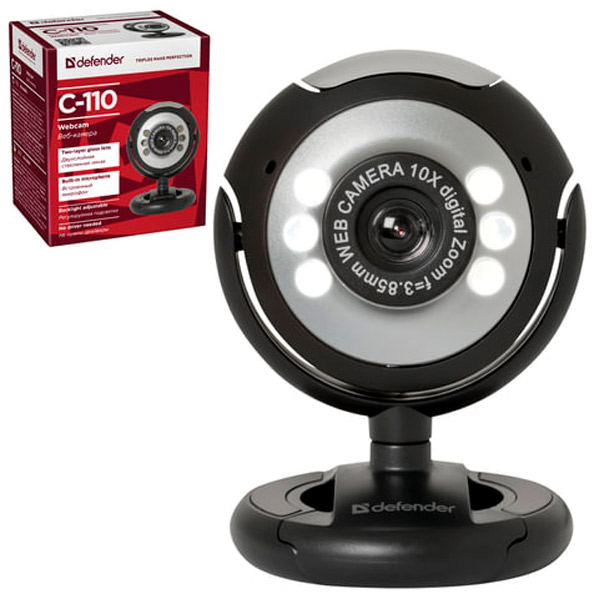 Веб-камера DEFENDER C-110, usb, 0.3 Мpix, встроенный микрофон, подсветка, цвет черный, 63110