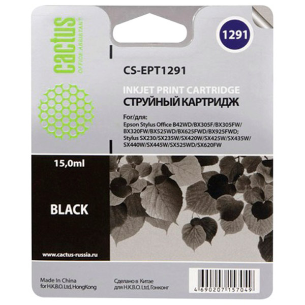 Картридж струйный Cactus, CS-EPT1291, совместимый, цвет черный, Китай