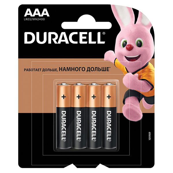 Батарейки AAA (мизинчиковые,  LR03), алкалиновые, 1,5 В, в комплекте:  4 шт., Duracell, "Basic", блистер, Китай