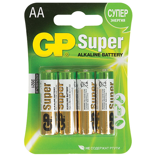 Батарейки АА (пальчиковые, LR6), алкалиновые, упак/4шт, GP, "Super", Китай
