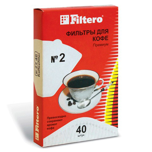 Фильтр для кофеварок FILTERO, "Премиум", №2, в упаковке  40 шт., бумажный, отбеленный, №2/40, Нидерланды