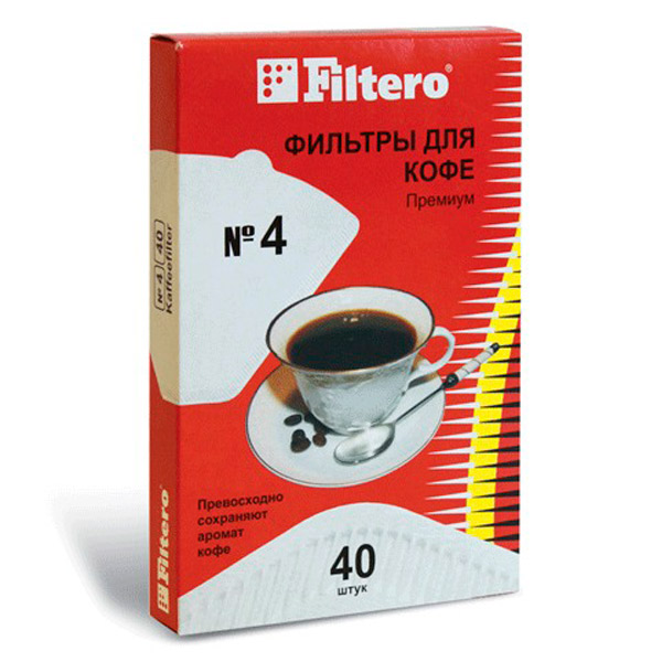 Фильтр для кофеварок FILTERO, "Премиум", №4, в упаковке  40 шт., бумажный, отбеленный, №4/40, Нидерланды