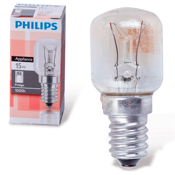Лампа накаливания для холодильников, Philips, T25CL, 947151, 15 Вт, E14, тип Т (цилиндрическая), прозрачная, Италия