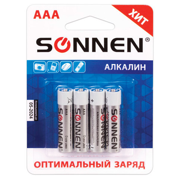 Батарейки AAA (мизинчиковые,  LR03), алкалиновые, 1,5 В, в комплекте:  4 шт., SONNEN, "Alkaline", 451088, блистер, Китай