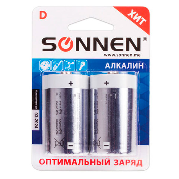 Батарейка D (LR20), алкалиновая, SONNEN, "Alkaline", в упаковке 2 шт., блистер, Китай