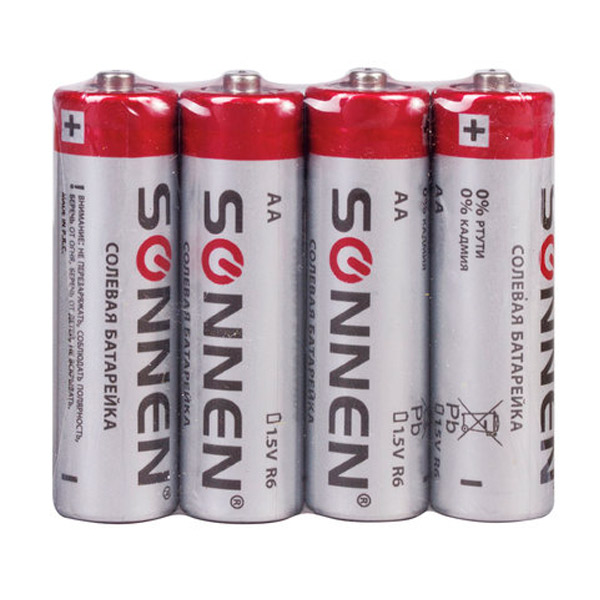 Батарейки AA (пальчиковые, R6), солевые, упак/4шт, SONNEN, Китай