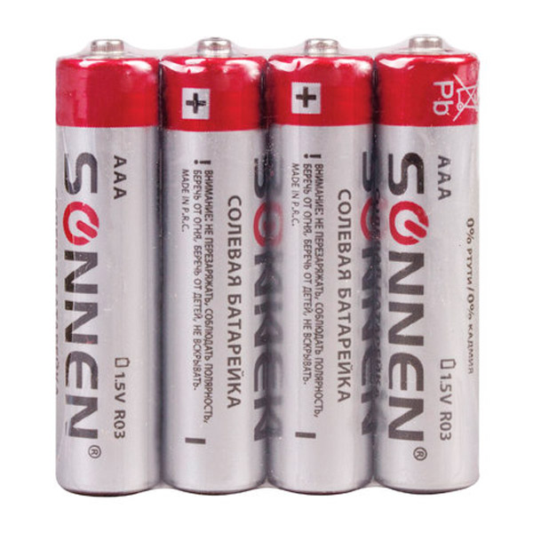 Батарейки AAA (мизинчиковые,  LR03), солевые, 1,5 В, в комплекте:  4 шт., SONNEN, 451098, термоусадочная пленка, Китай