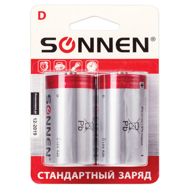 Батарейка D (R20), солевая, SONNEN, в упаковке 2 шт., блистер, Китай