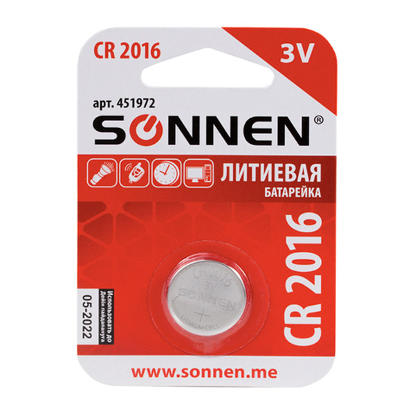 Батарейки CR2016, комплект 1 шт., SONNEN, Lithium, литиевые