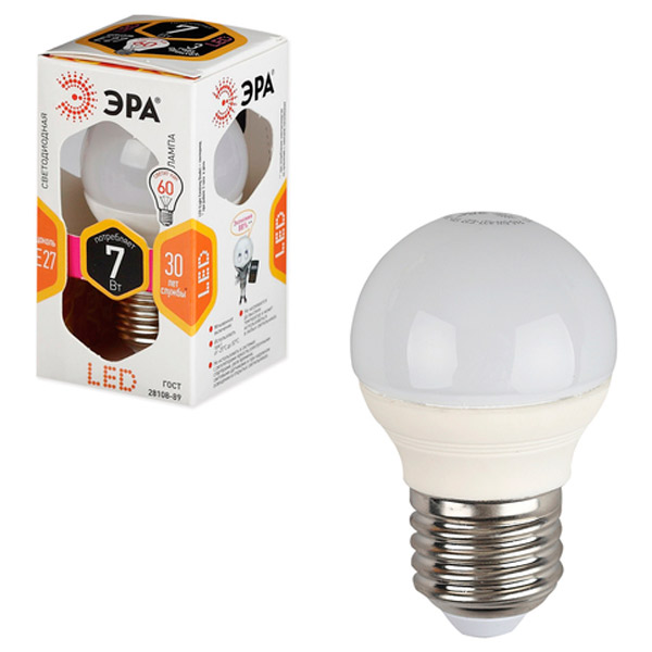 Лампа светодиодная Эра,  7 Вт, E27, шарообразная, цвет теплый белый, Китай, P45-7w-827-E27