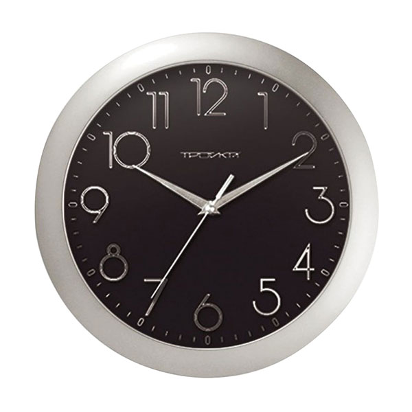 Часы настенные Troyka, 11170182, круглые, цвет рамки серебристый, циферблат черный, Беларусь