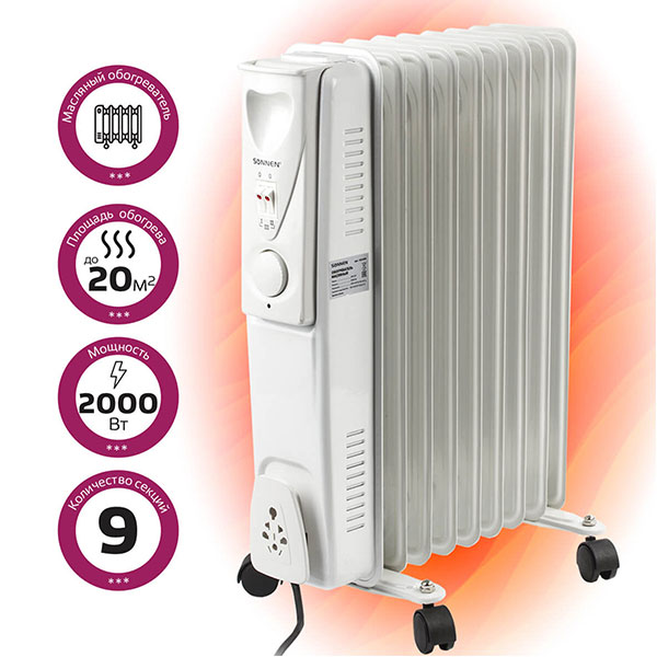 Радиатор масляный SONNEN, DFS-09, 2000 Вт, количество секций  9, цвет белый, Китай